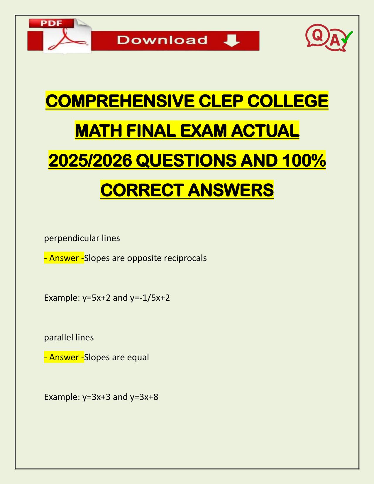 COMPREHENSIVE CLEP COLLEGE MATH FINAL EXAM ACTUAL 2025/2026 QUESTIONS AND 100% CORRECT ANSWERS