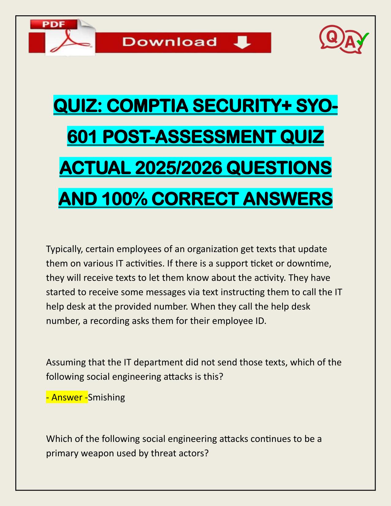 QUIZ COMPTIA SECURITY+ SYO- 601 POST-ASSESSMENT QUIZ ACTUAL 2025/2026