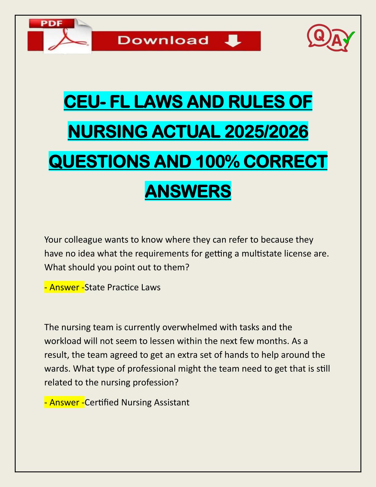 CEU- FL LAWS AND RULES OF NURSING ACTUAL 2025/2026 Q&A