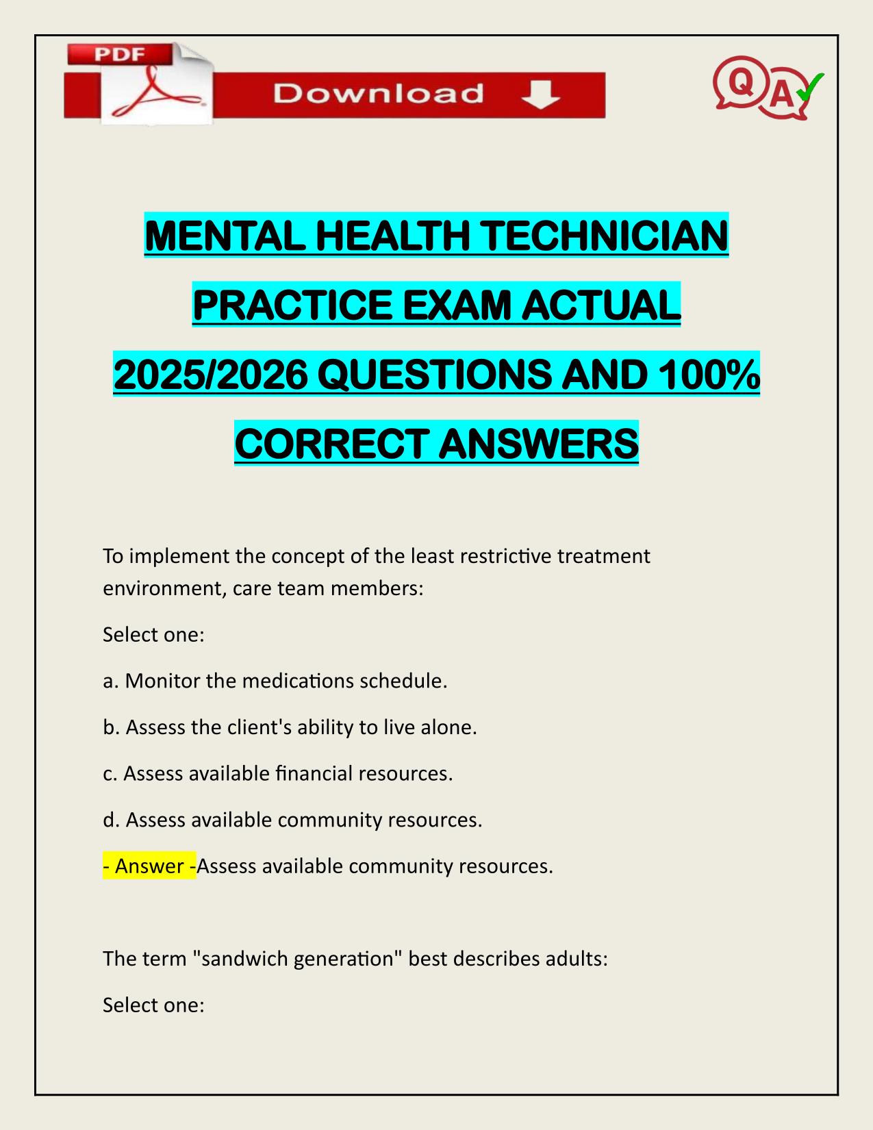 MENTAL HEALTH TECHNICIAN PRACTICE EXAM ACTUAL 2025/2026