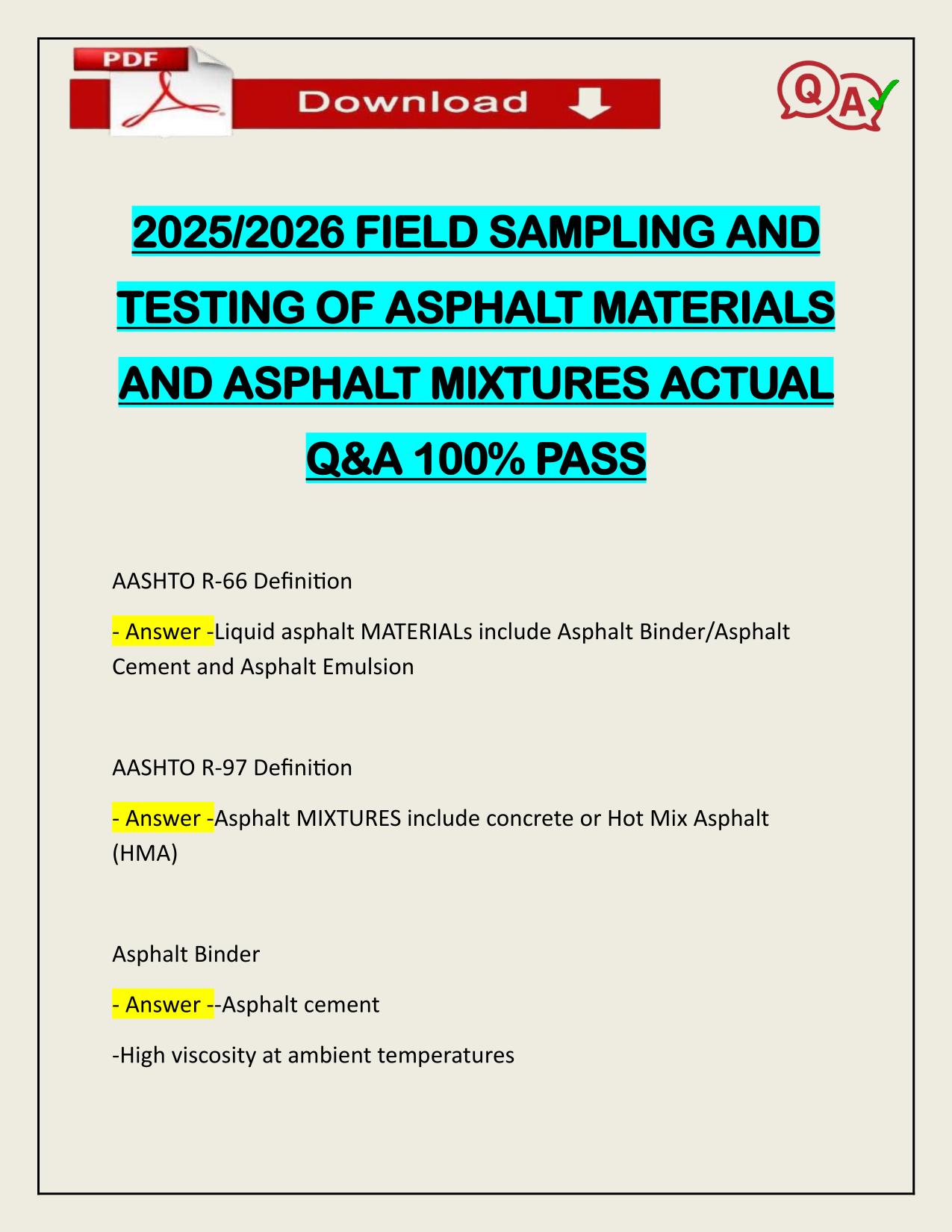 2025/2026 FIELD SAMPLING AND TESTING OF ASPHALT MATERIALS AND ASPHALT MIXTURES