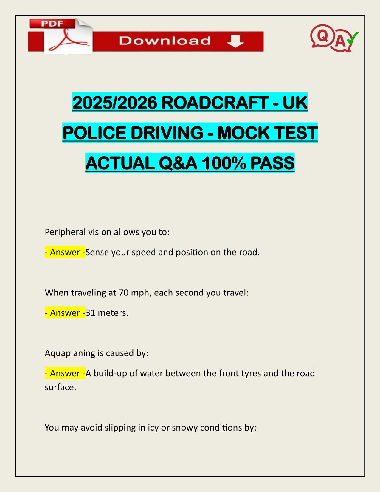 2025/2026 ROADCRAFT - UK POLICE DRIVING - MOCK TEST ACTUAL Q&A 100% PASS