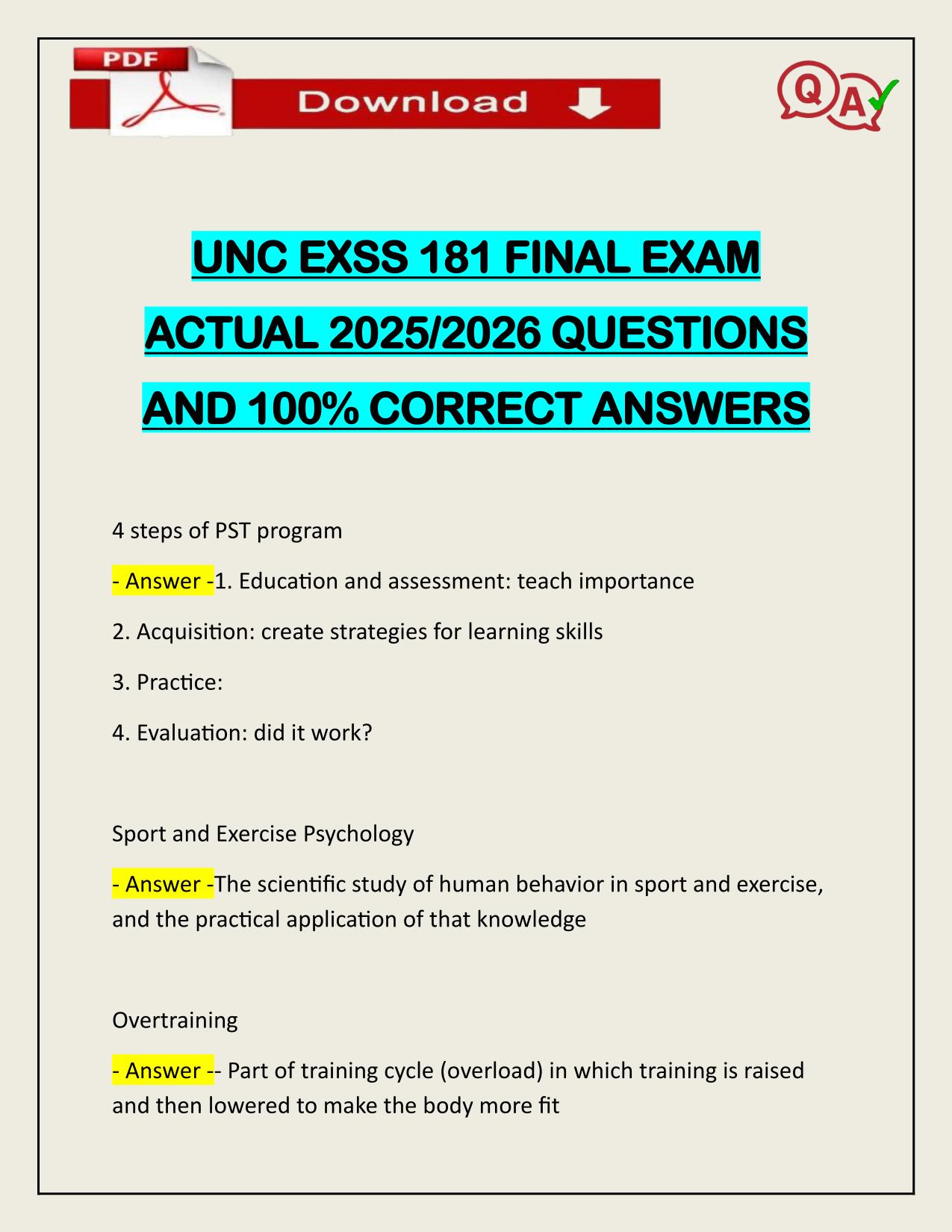 UNC EXSS 181 FINAL EXAM ACTUAL 2025/2026 CORRECTLY ANSWERED