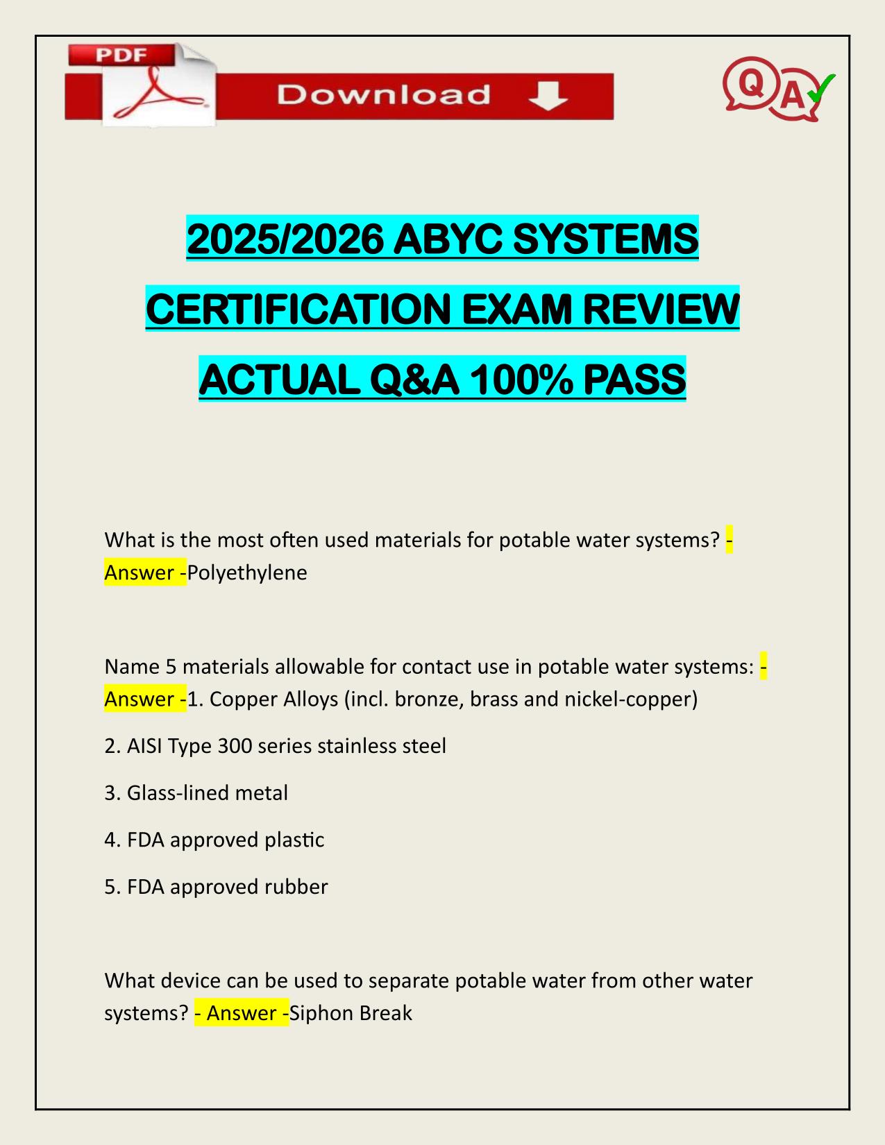 2025/2026 ABYC SYSTEMS CERTIFICATION EXAM REVIEW ACTUAL Q&A 100% PASS