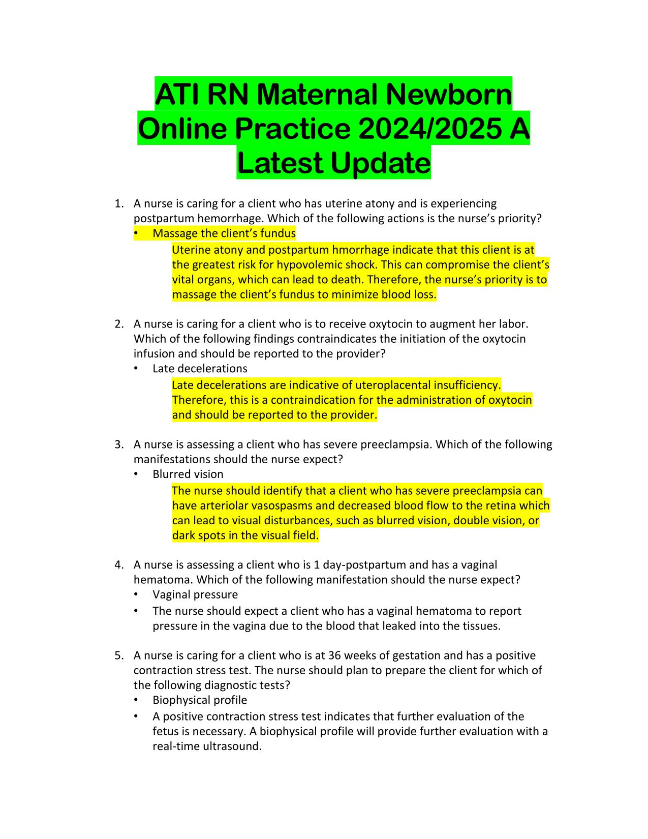 ATI RN Maternal Newborn Online Practice ACTUAL 2025/2026 
