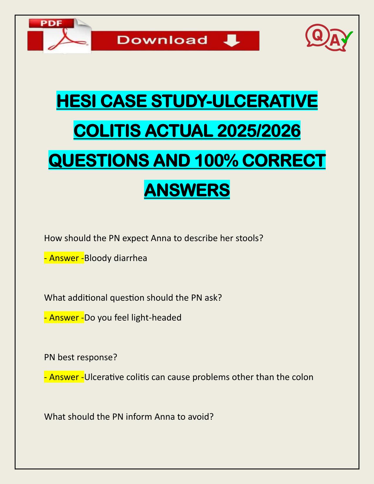 HESI CASE STUDY-ULCERATIVE COLITIS ACTUAL 2025/2026 Q&A 100% PASS