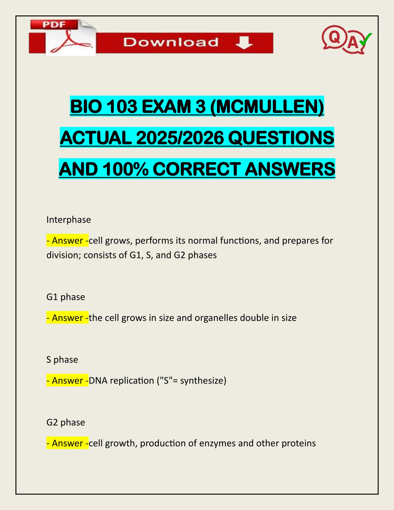 BIO 103 EXAM 3 (MCMULLEN) ACTUAL 2025/2026 Q&A