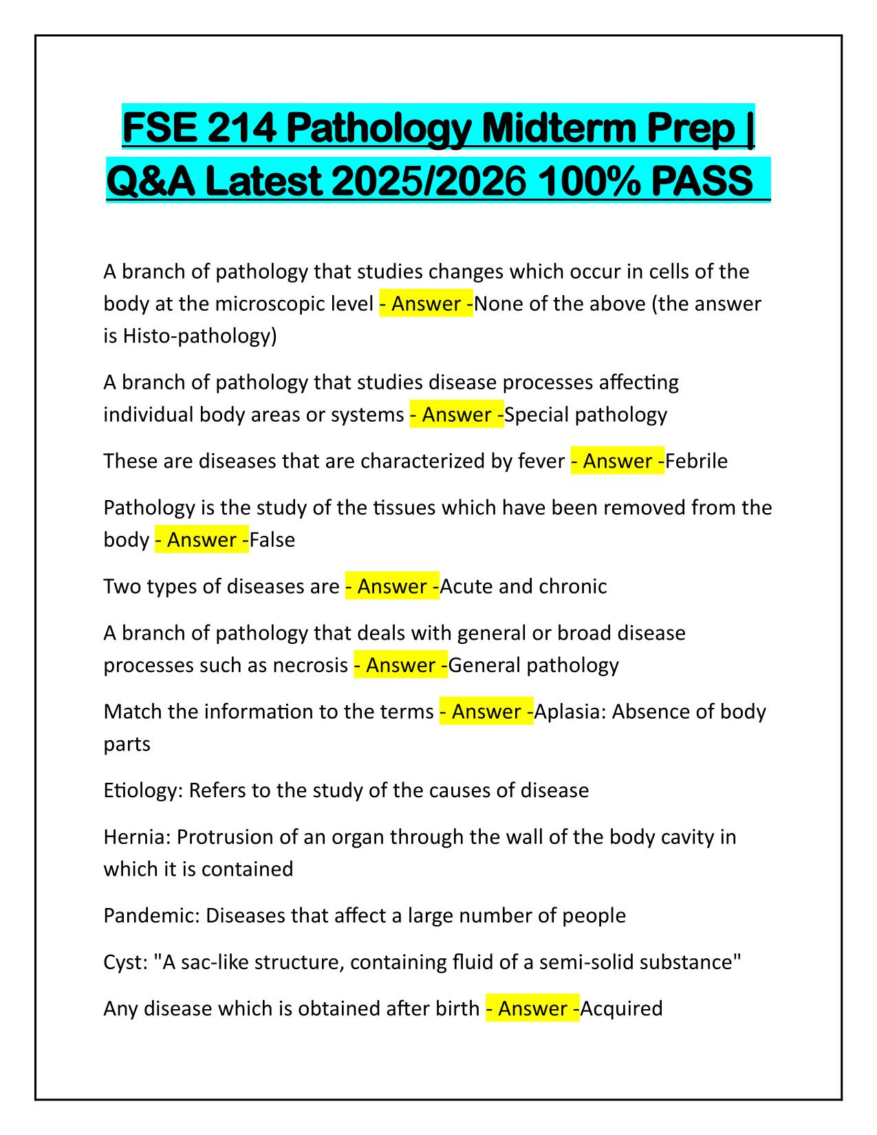 FSE 214 Pathology Midterm Prep Q&A Latest Update