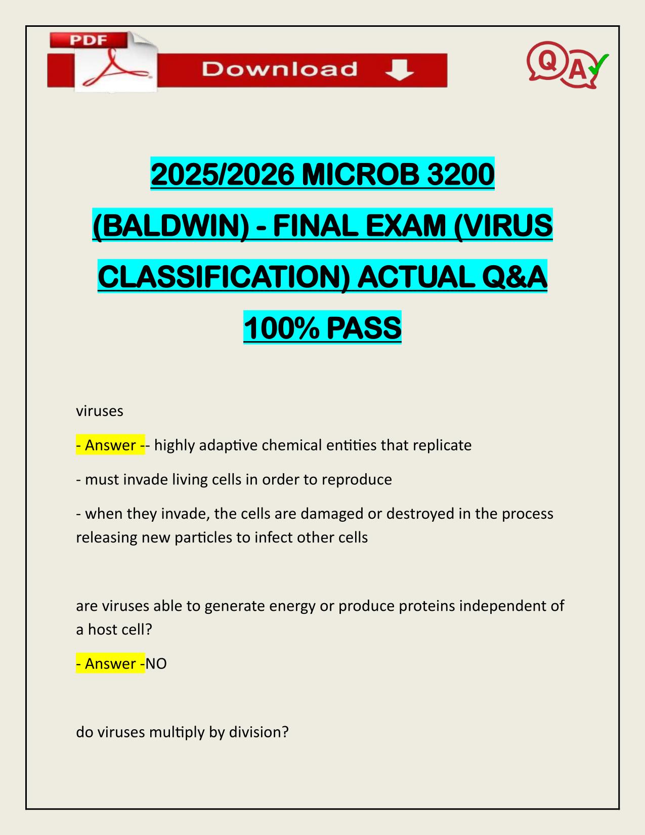 2025/2026 MICROB 3200 (BALDWIN) - FINAL EXAM (VIRUS CLASSIFICATION) ACTUAL Q&A 100% PASS