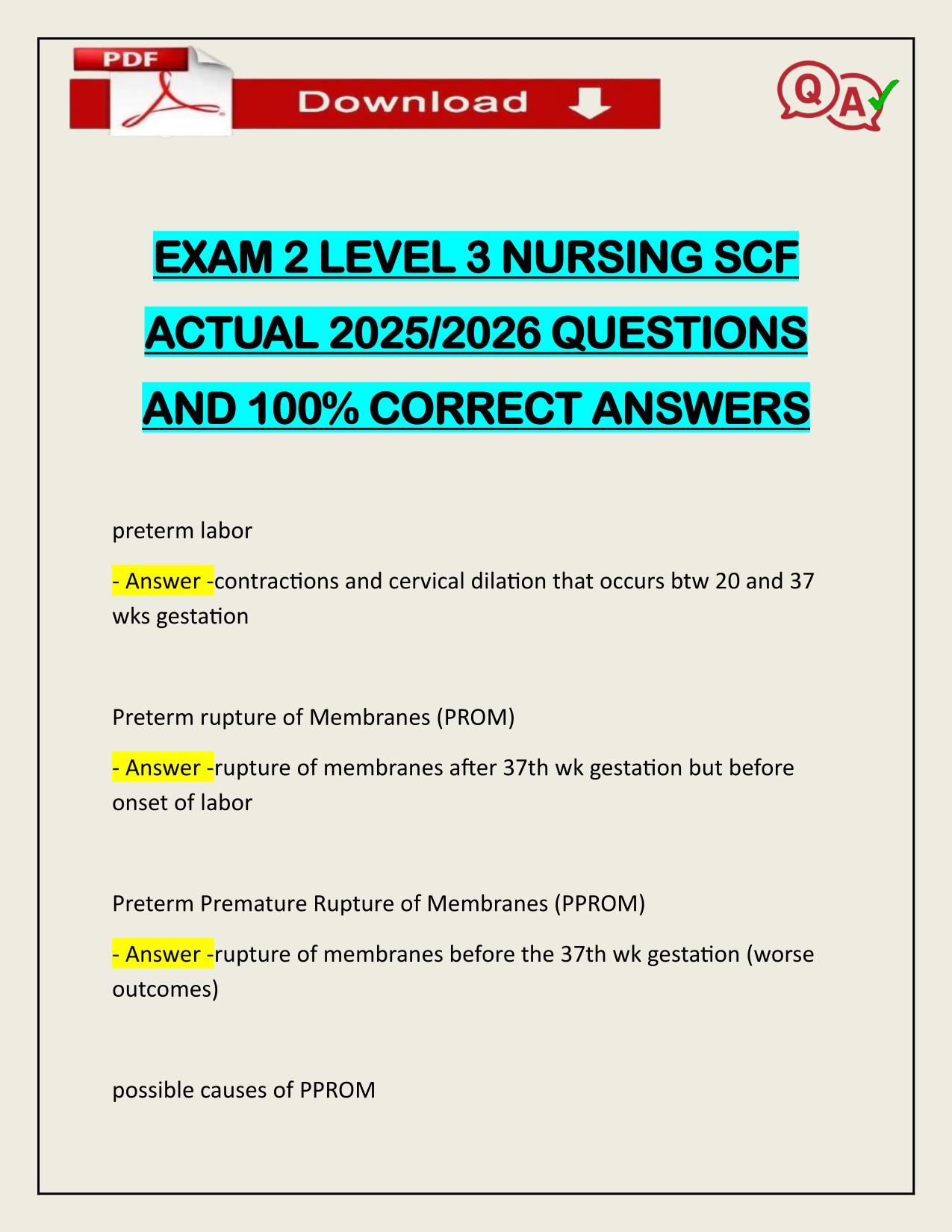 EXAM 2 LEVEL 3 NURSING SCF ACTUAL 2025/2026 QUESTIONS AND 100% CORRECT ANSWERS