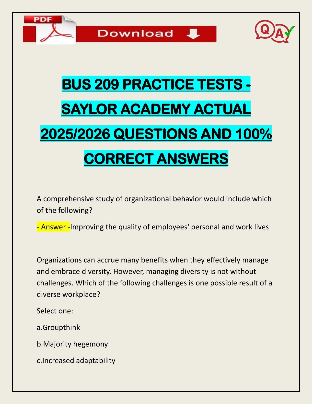 BUS 209 PRACTICE TESTS SAYLOR ACADEMY ACTUAL 2025/2026