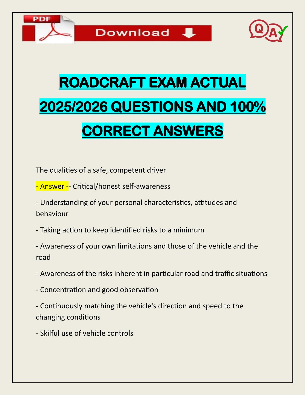ROADCRAFT EXAM ACTUAL 2025/2026 Q&A 100% PASS