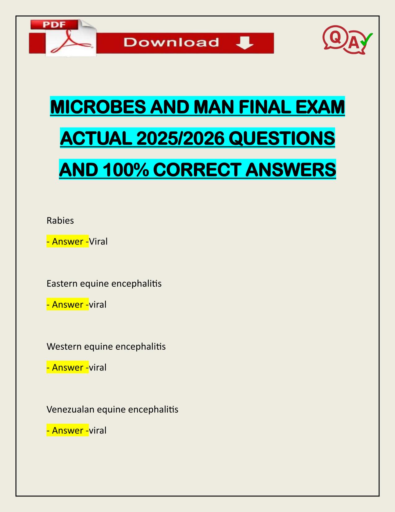 MICROBES AND MAN FINAL EXAM ACTUAL 2025/2026 LATEST UPDATE