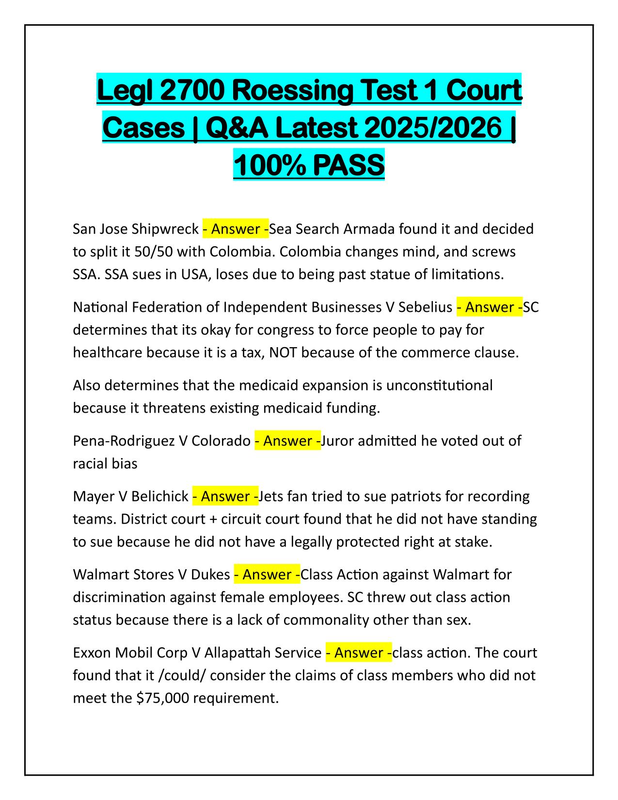 Legl 2700 Roessing Test 1 Court Cases Q&A Latest Update 2025
