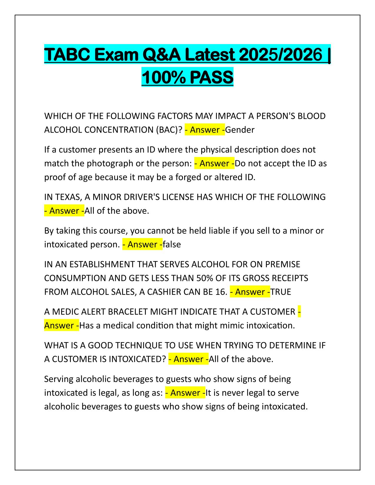 TABC Exam Questions with Verified Answers Latest