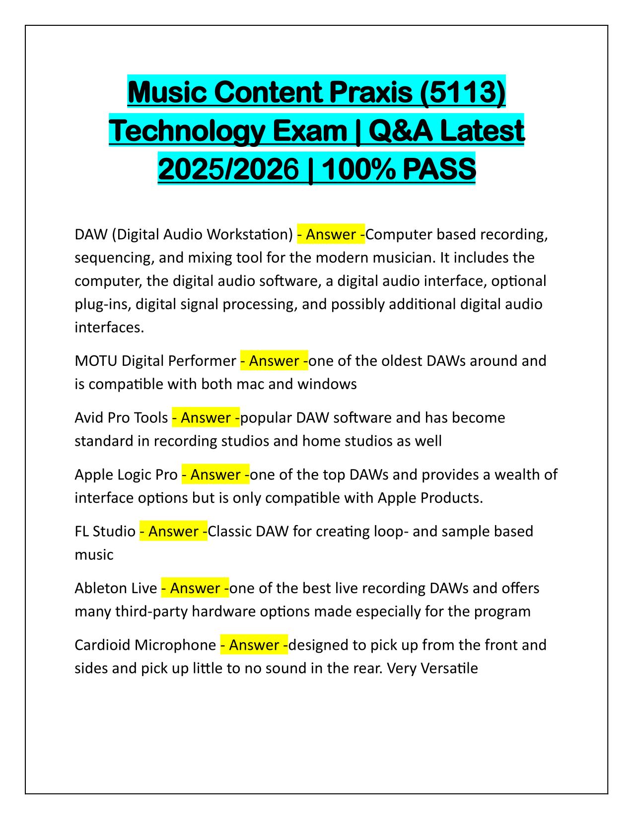 Music Content Praxis (5113) Technology Exam Correctly Answered Latest