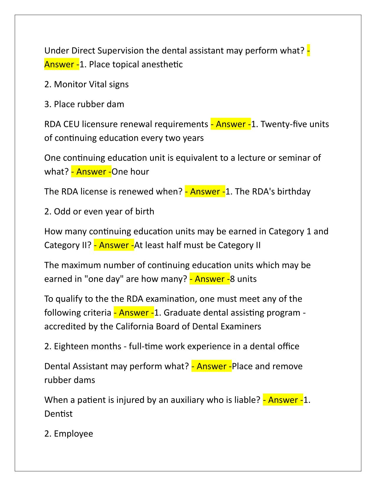 RDA Practice Exam #1 Q&A Latest Update
