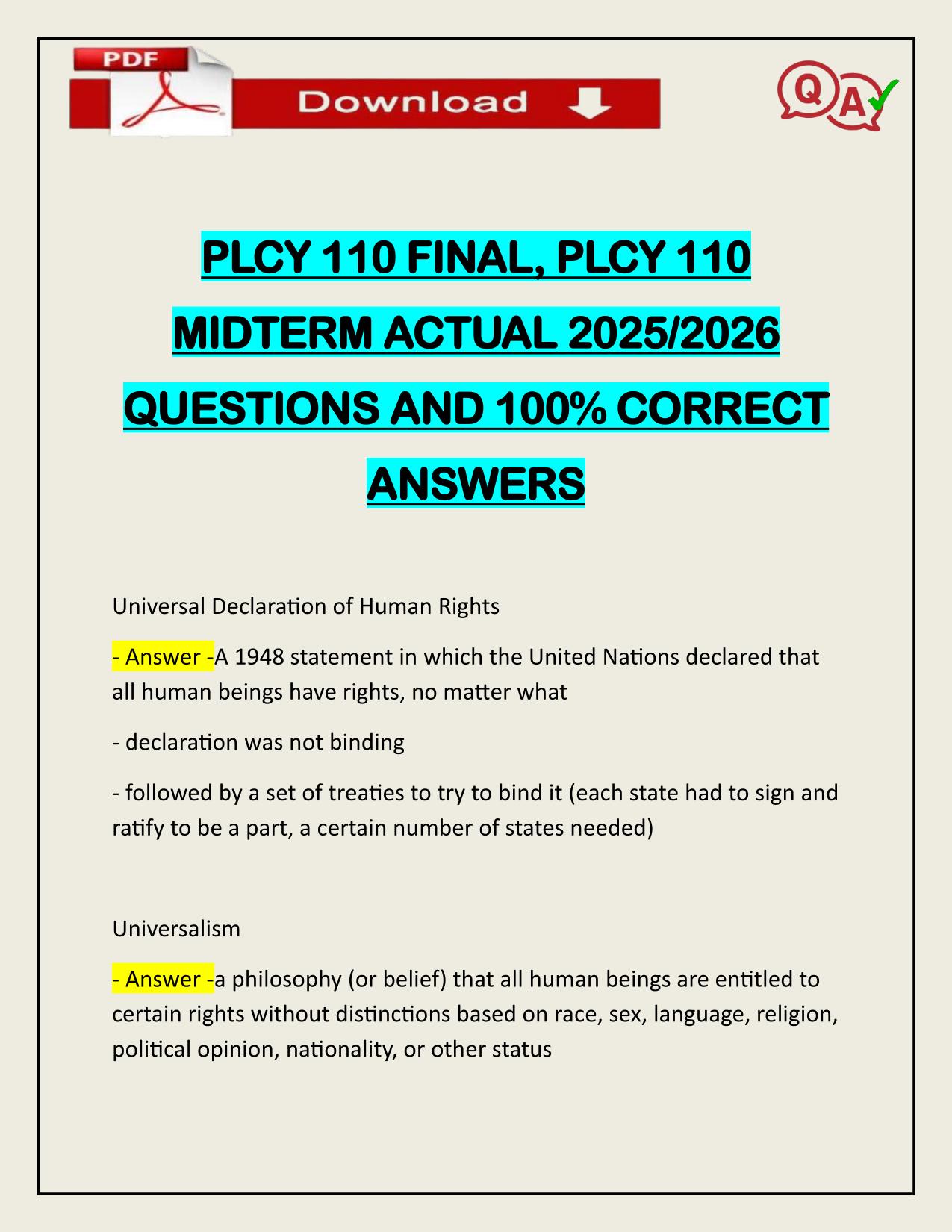 PLCY 110 FINAL PLCY 110 MIDTERM ACTUAL 2025/2026 CORRECTLY ANSWERED