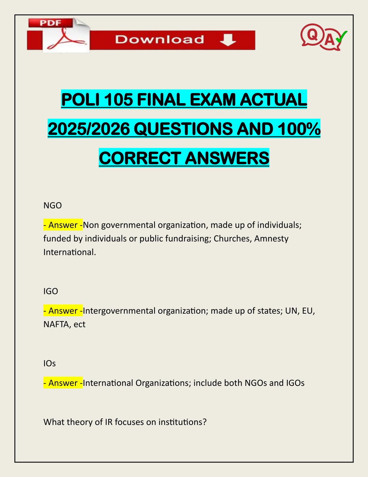 POLI 105 FINAL EXAM ACTUAL 2025/2026 QUESTIONS AND 100% CORRECT ANSWERS