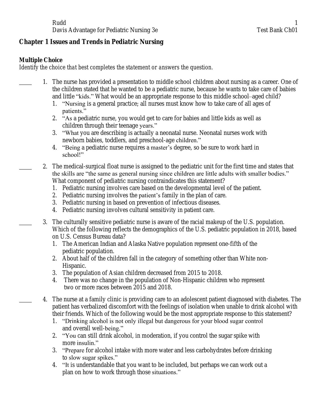 TEST BANK For Davis Advantage for Pediatric Nursing Critical Components of Nursing Care, 3rd Edition. ISBN: 9781719645706.