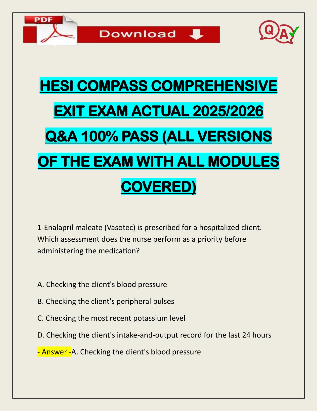 HESI COMPASS COMPREHENSIVE EXIT EXAM ACTUAL 2025/2026
