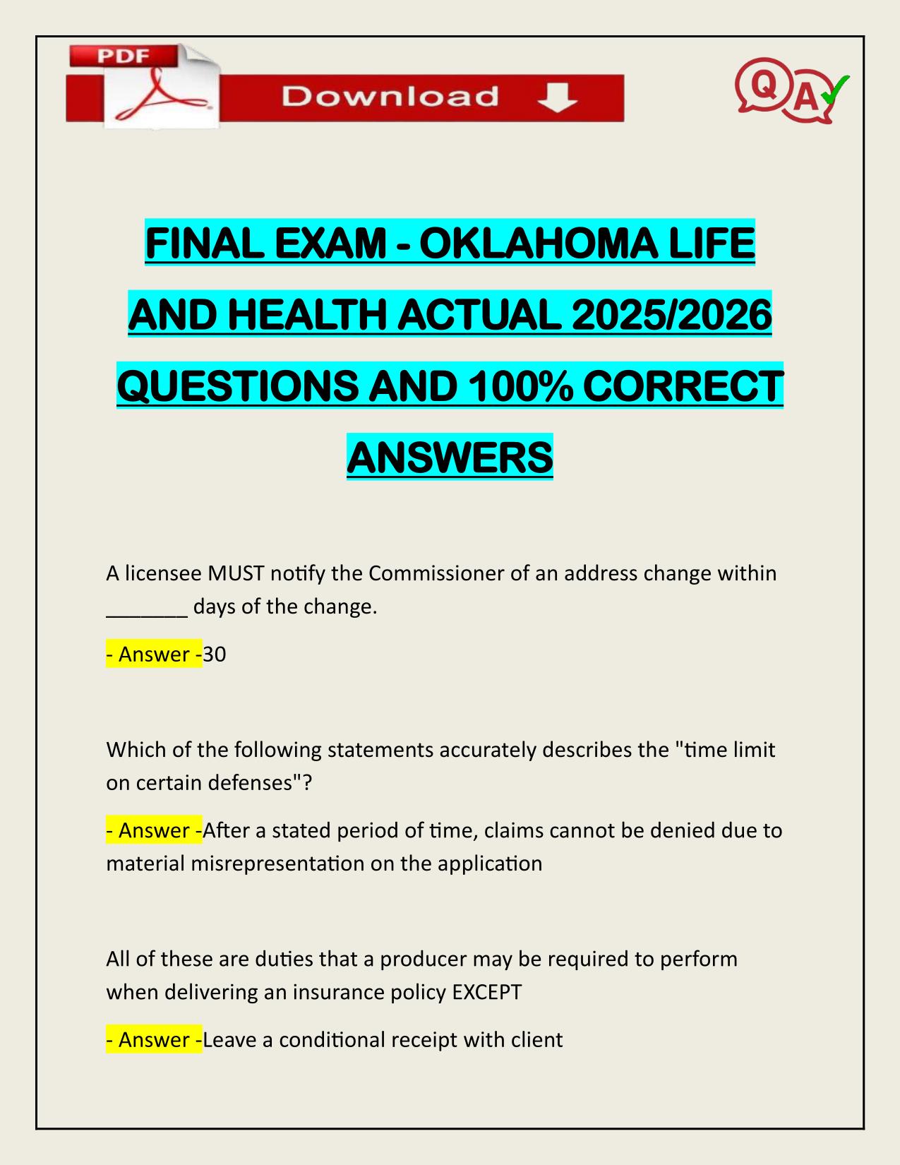 FINAL EXAM - OKLAHOMA LIFE AND HEALTH ACTUAL 2025/2026 QUESTIONS AND 100% CORRECT ANSWERS