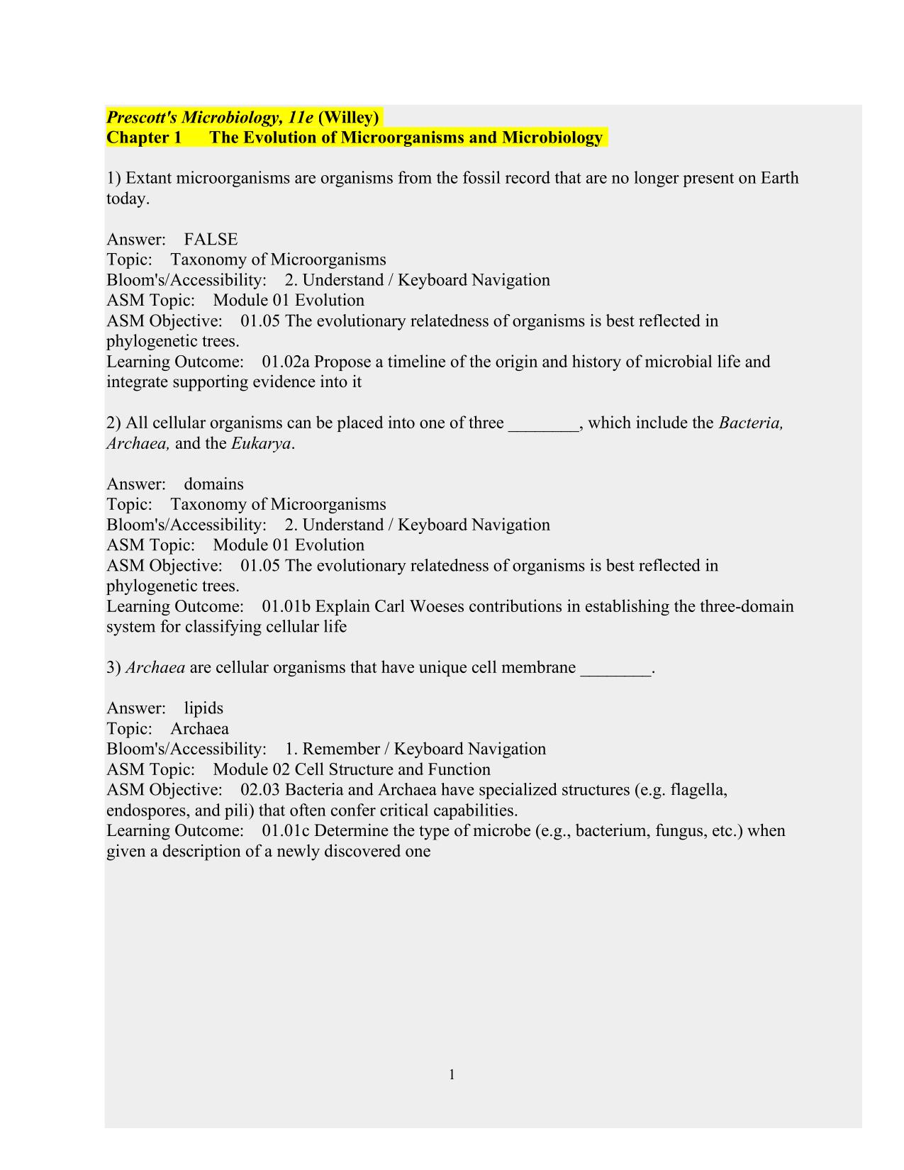 Test Bank For Prescotts Microbiology 11th Ed By Willey Chapter 1-43 Latest 2025 ISBN: 9781260211887