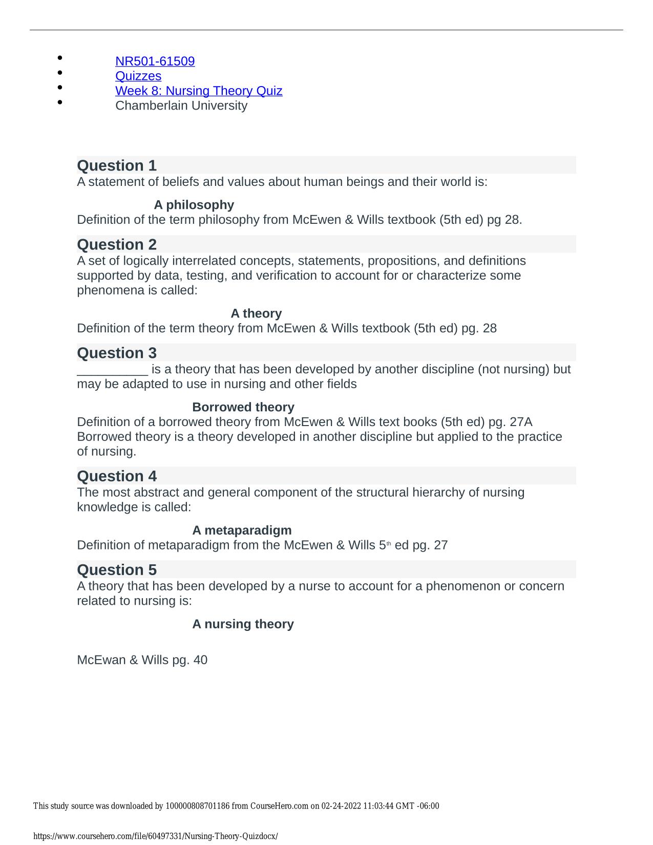 NR501 Week 8 Nursing Theory Quiz Chamberlain University ACTUAL 2025/2026