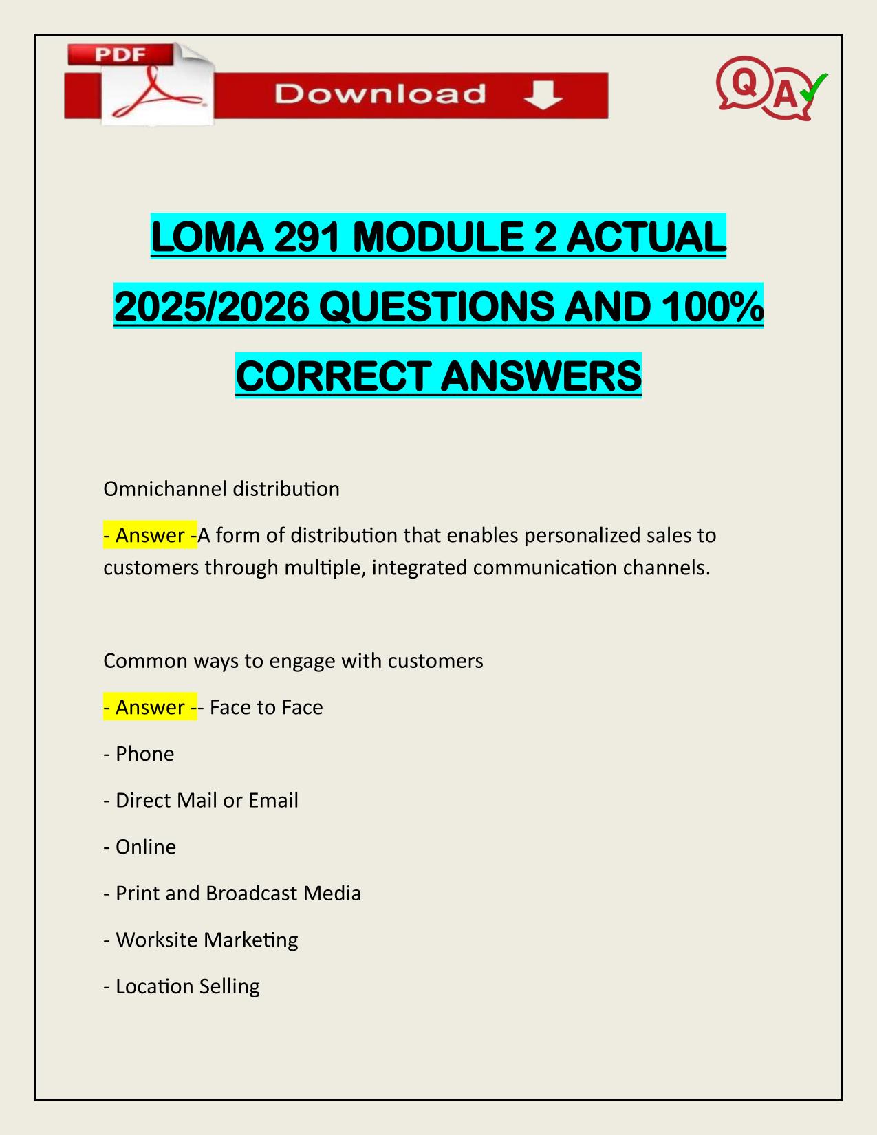 LOMA 291 MODULE 2 ACTUAL 2025/2026 WITH VERIFIED ANSWERS