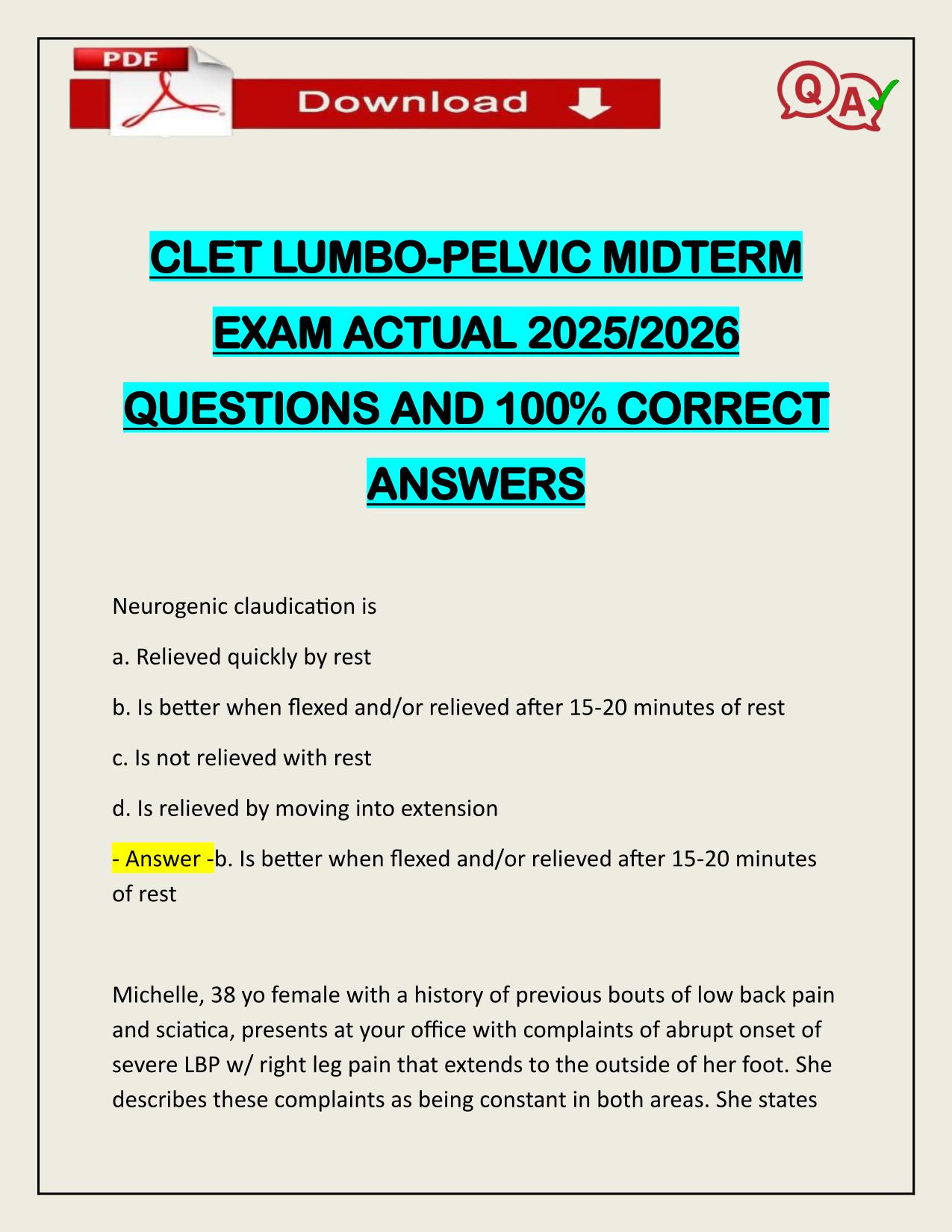 CLET LUMBO-PELVIC MIDTERM EXAM ACTUAL 2025/2026 UPDATE