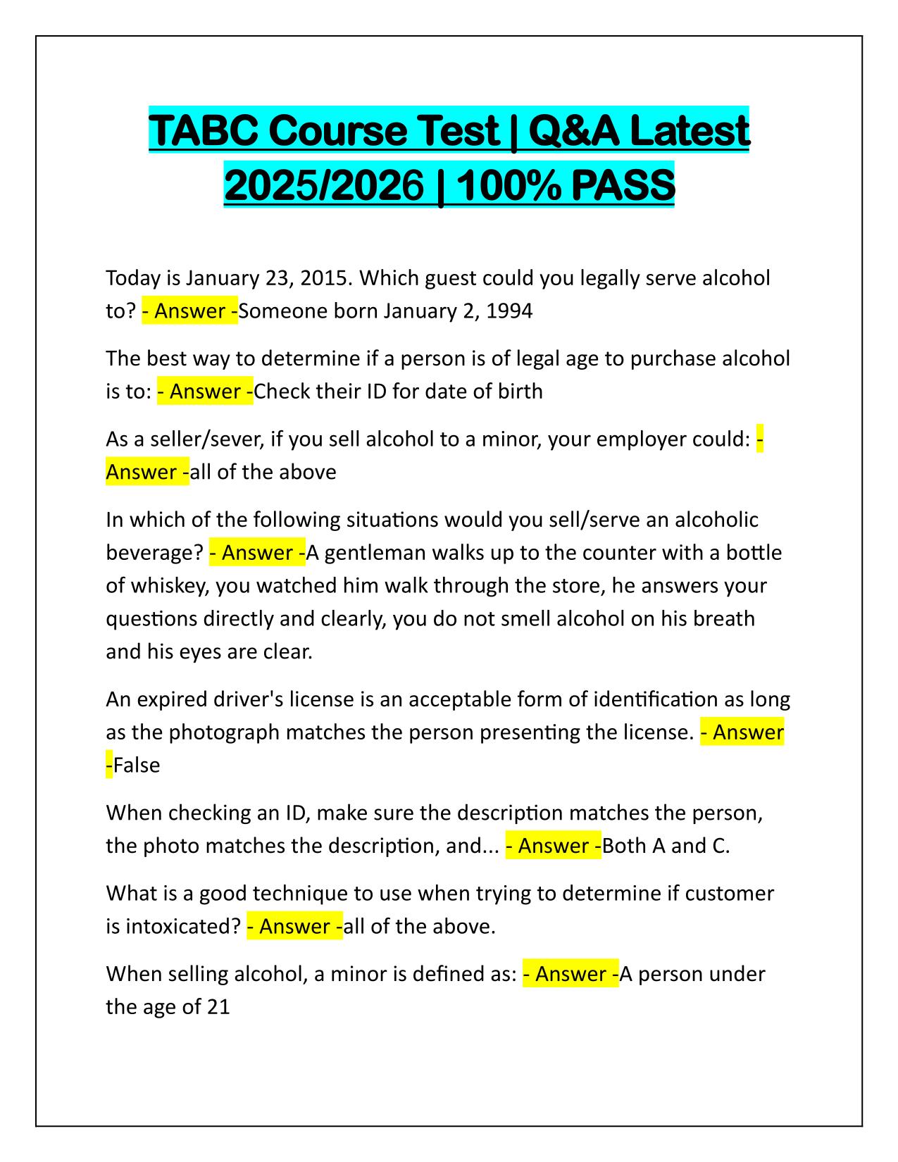 TABC Course Test Q&A Latest Update