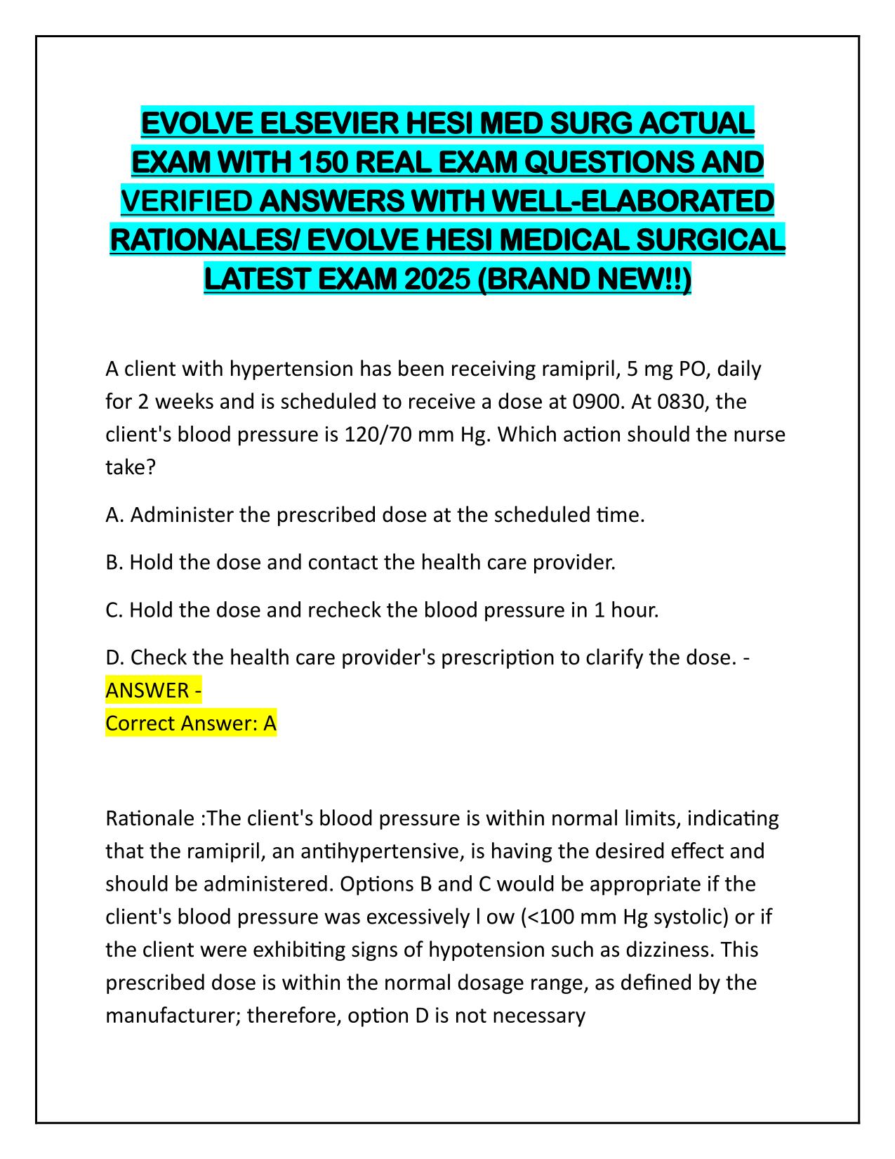 EVOLVE ELSEVIER HESI MED SURG ACTUAL EXAM ACTUAL 2025/2026 | 150 REAL EXAM Q&As