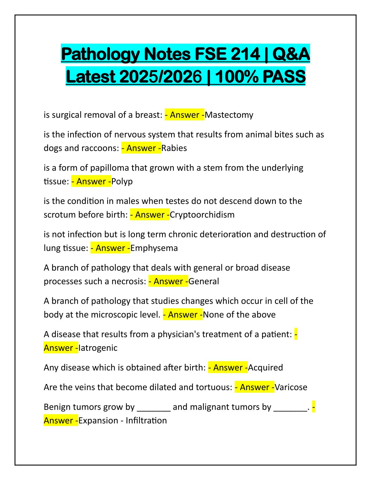 Pathology Notes FSE 214 Correctly Answered Latest 2025