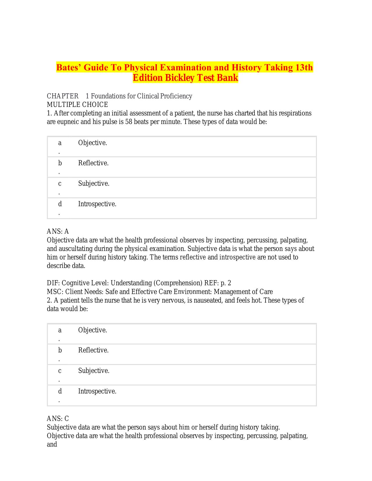 Test Bank Bates Guide to Physical Examination and History Taking 13th Edition By Bickley, ISBN:9781975210533 