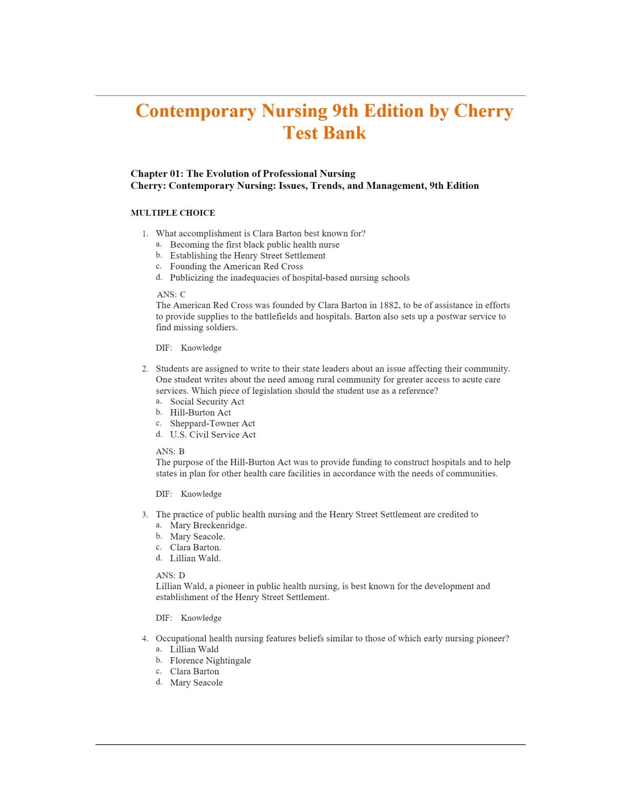 Test Bank for Contemporary Nursing 9th Edition by Cherry All Chapters 1-28, ISBN: 9780323554206 Latest Update