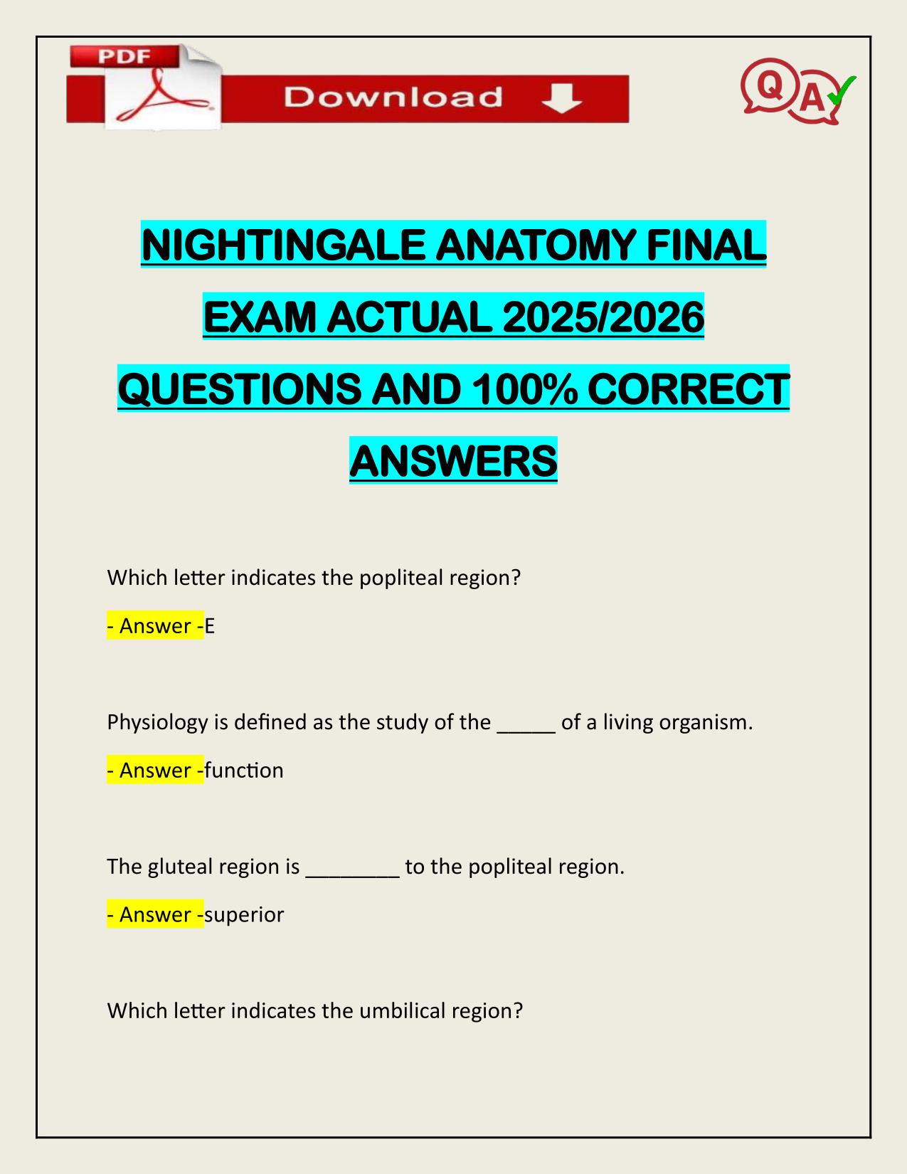 NIGHTINGALE ANATOMY FINAL EXAM ACTUAL 2025/2026 LATEST UPDATE