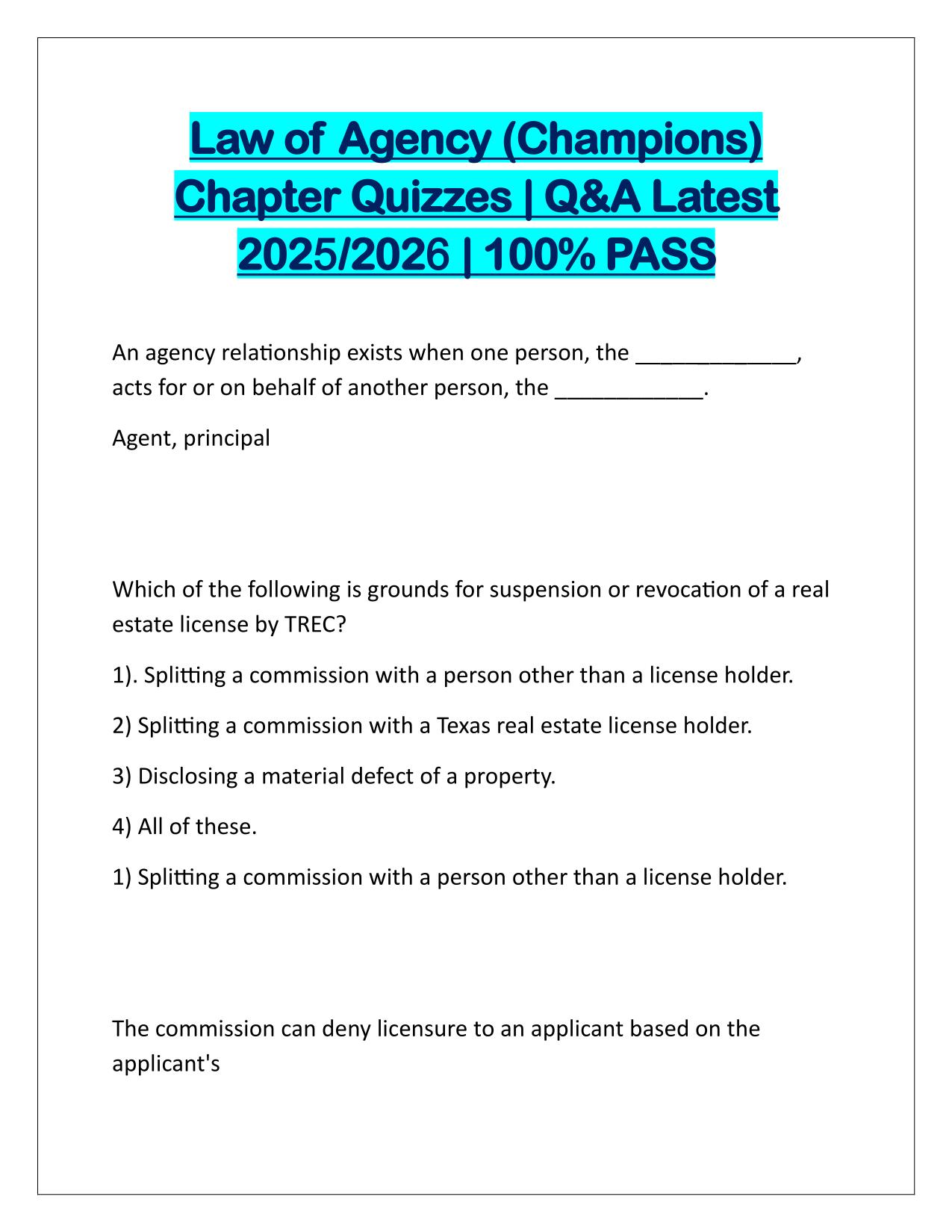 Law of Agency (Champions) Chapter Quizzes Q&A Latest Update