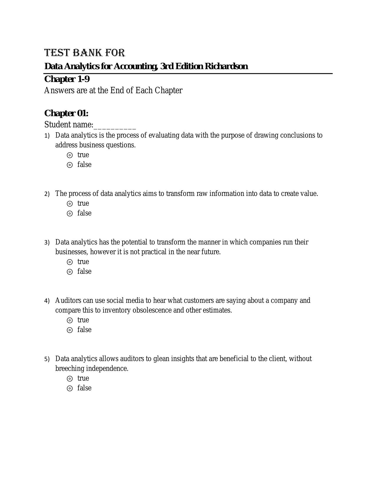 Test Bank For Data Analytics for Accounting, 3rd Edition Richardson Chapter 1-9 ISBN: 9781260837834 Latest 2025/2026