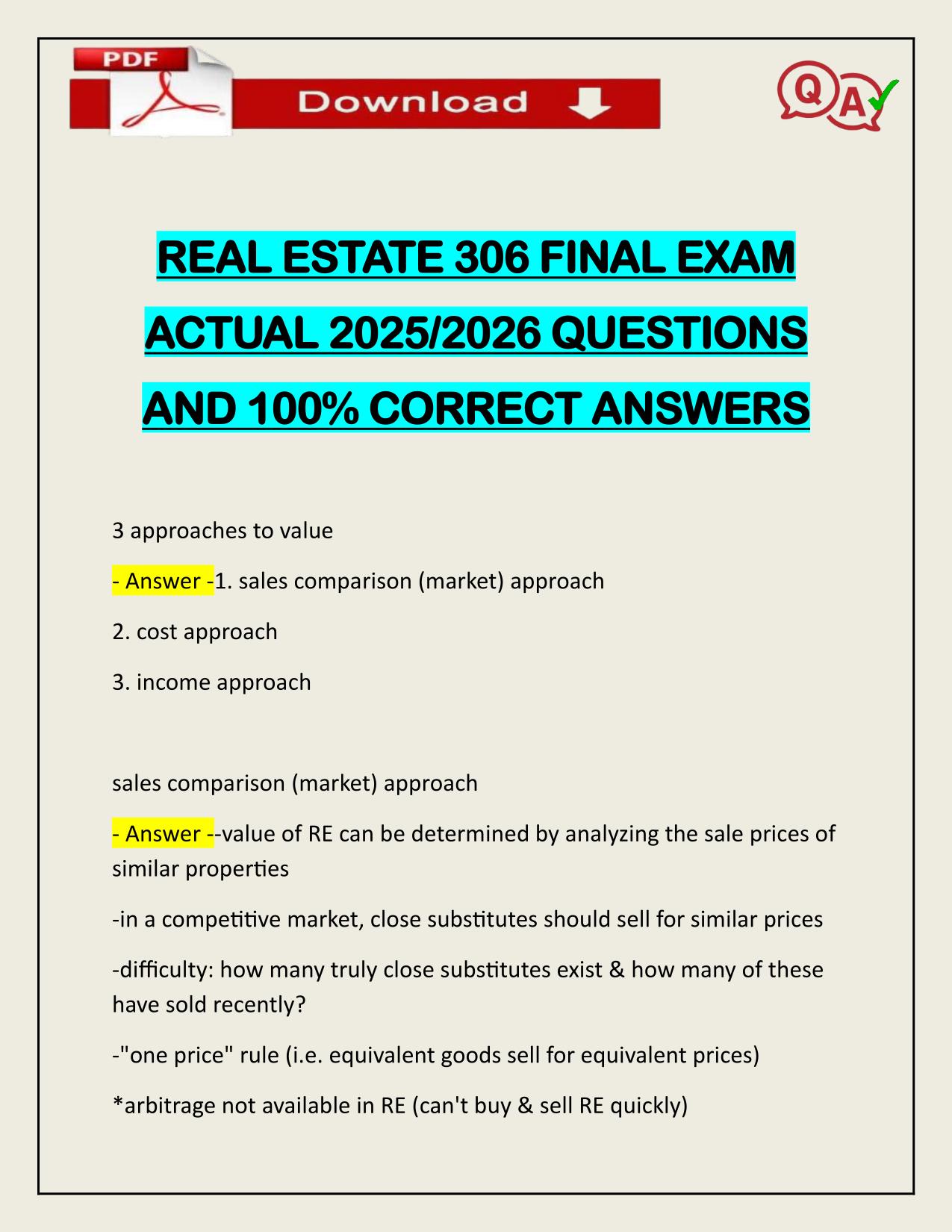 PACKAGE DEAL FOR 2025/2026 REAL ESTATE 306 MIDTERM & FINAL ACTUAL Q&A