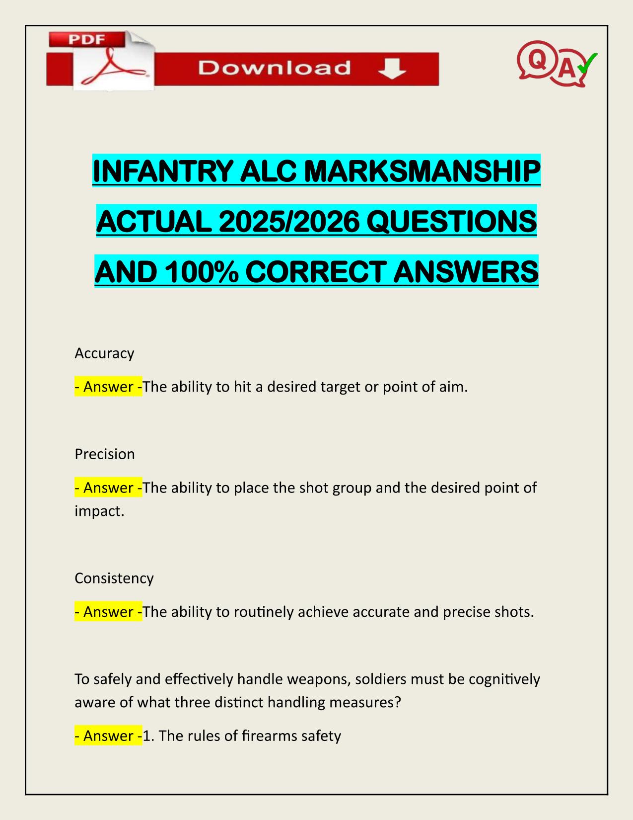 INFANTRY ALC MARKSMANSHIP ACTUAL 2025/2026 WITH CORRECT ANSWERS