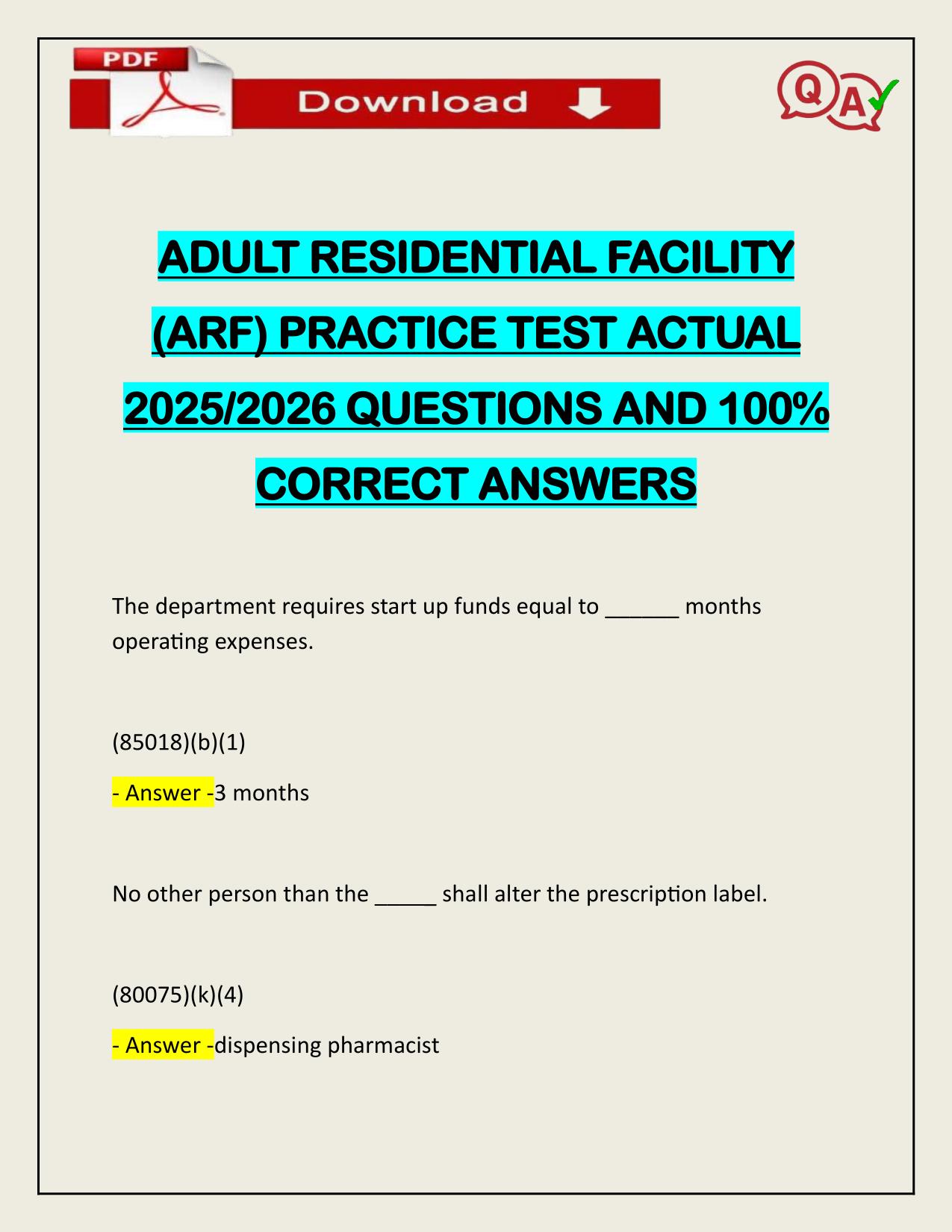 ADULT RESIDENTIAL FACILITY (ARF) PRACTICE TEST ACTUAL 2025/2026