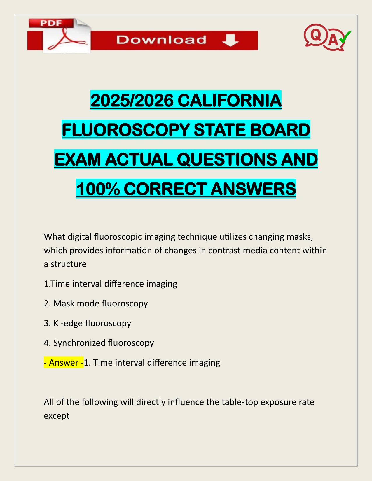 2025/2026 CALIFORNIA FLUOROSCOPY STATE BOARD EXAM ACTUAL Q&A