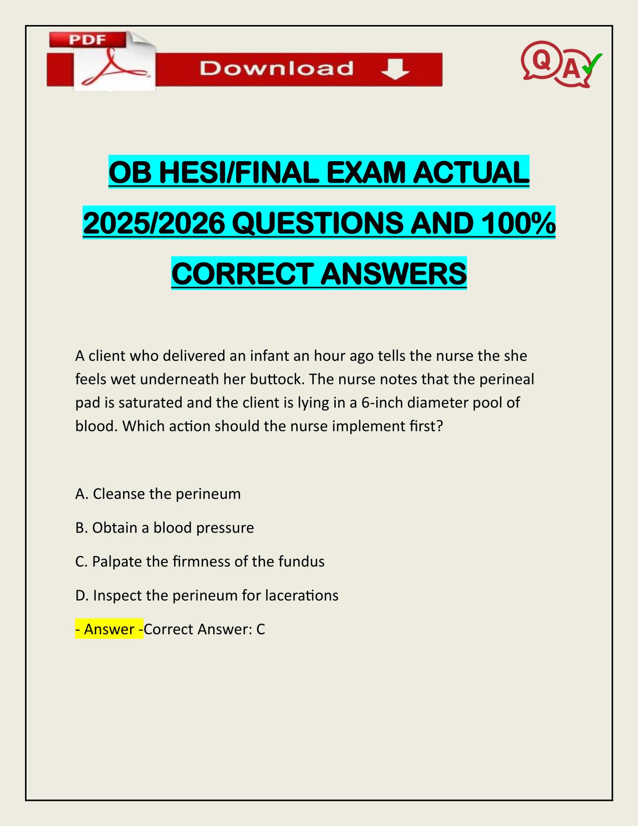 OB HESI/FINAL EXAM ACTUAL 2025/2026 UPDATED