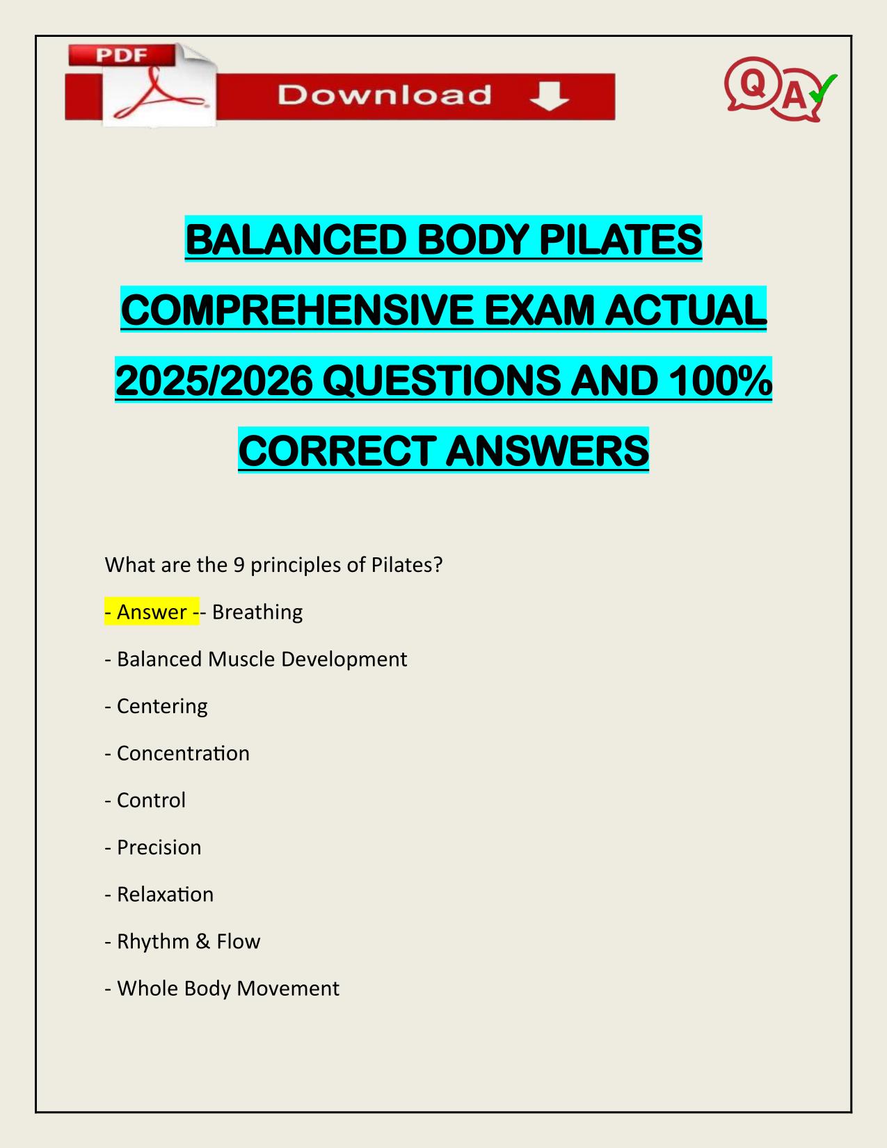 BALANCED BODY PILATES COMPREHENSIVE EXAM ACTUAL 2025/2026