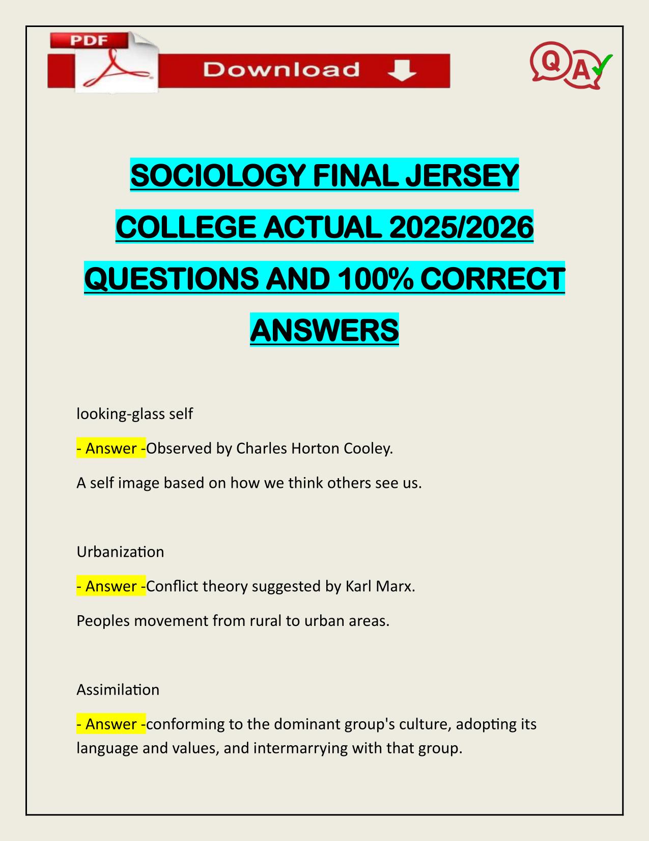 SOCIOLOGY FINAL JERSEY COLLEGE ACTUAL 2025/2026 CORRECTLY ANSWERED