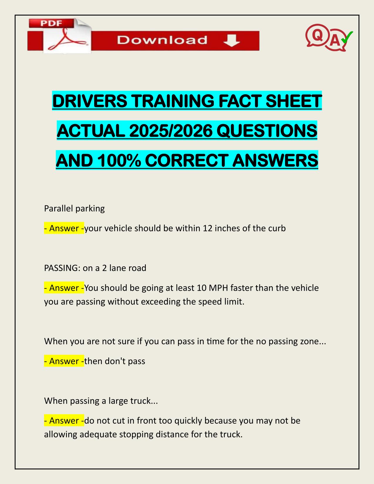 DRIVERS TRAINING FACT SHEET ACTUAL 2025/2026 CORRECTLY ANSWERED