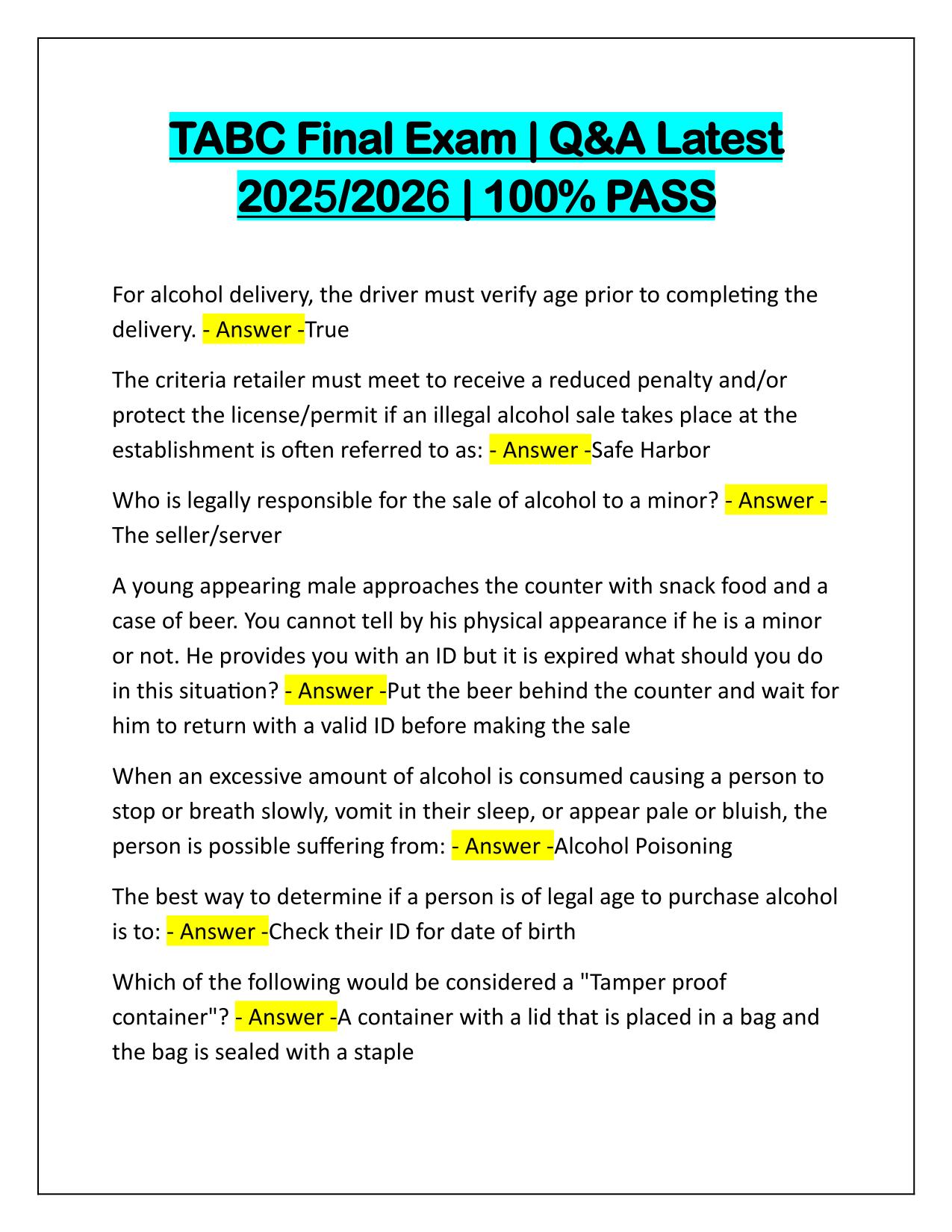TABC Final Exam Correctly Answered Latest Update