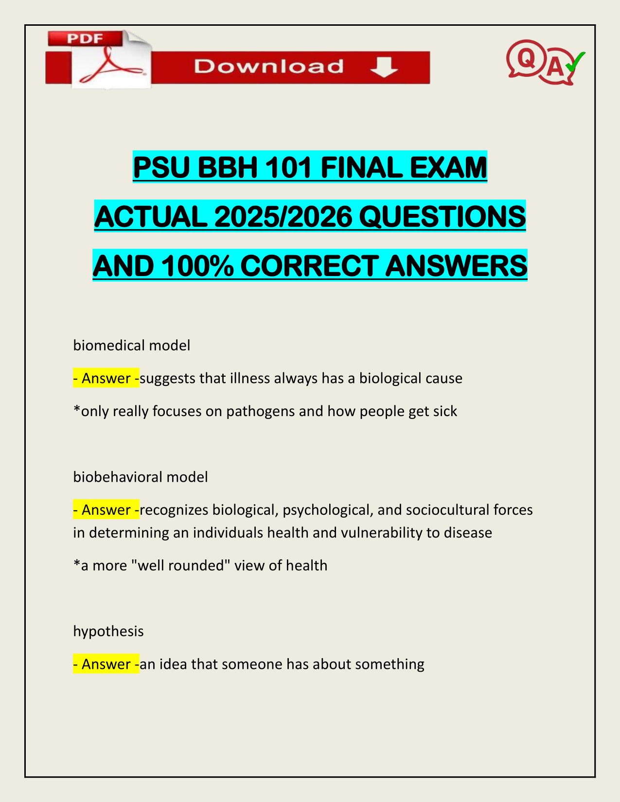 PSU BBH 101 FINAL EXAM ACTUAL 2025/2026 CORRECTLY ANSWERED