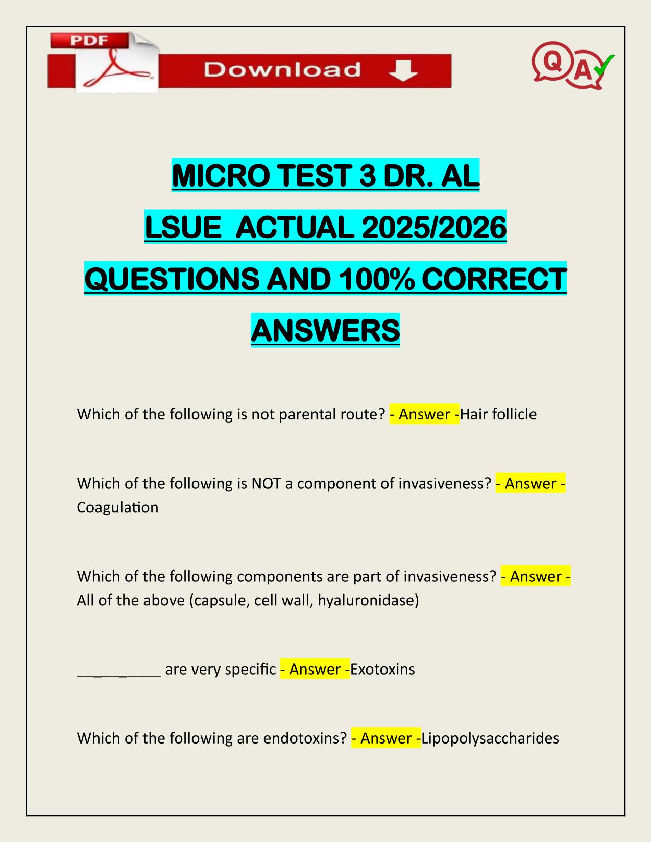 MICRO TEST 3 DR. AL LSUE ACTUAL 2025/2026 CORRECTLY ANSWERED