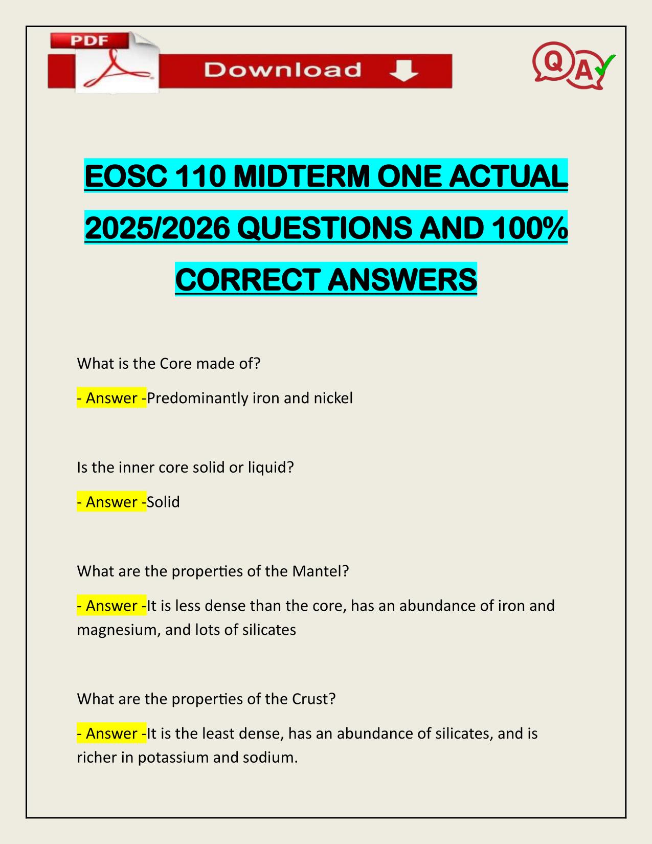 EOSC 110 MIDTERM ONE ACTUAL 2025/2026 Q&A